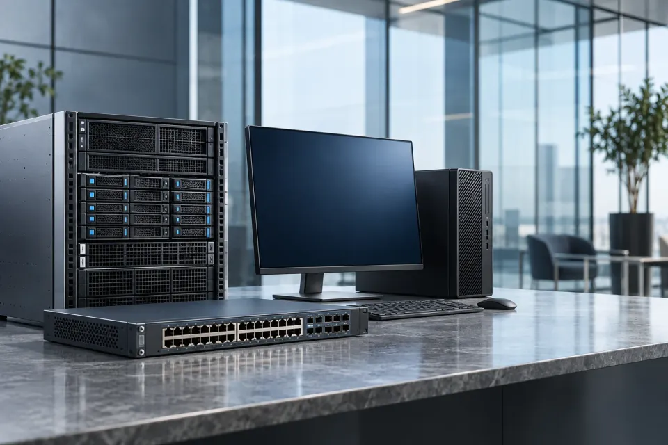 Illustrative business workstation, server and network equipment